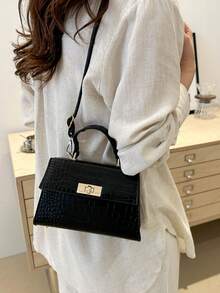 Mini Crocodile Grain Flap Handbag, Tote/Crossbody/Shoulder Bag, Minimalist Solid Color, Portable & Lightweight, Adjustable Strap, Suitable For Women, Young Professionals & Office Ladies, Ideal For Office, Work, Business, Commuting - Black - View 3