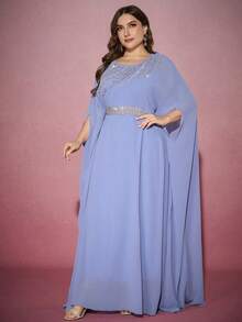Áo Abaya dài có thắt lưng trang trí sequin màu trơn cỡ lớn dành cho nữ, cổ tròn thanh lịch - Màu xanh lam - Xem 4