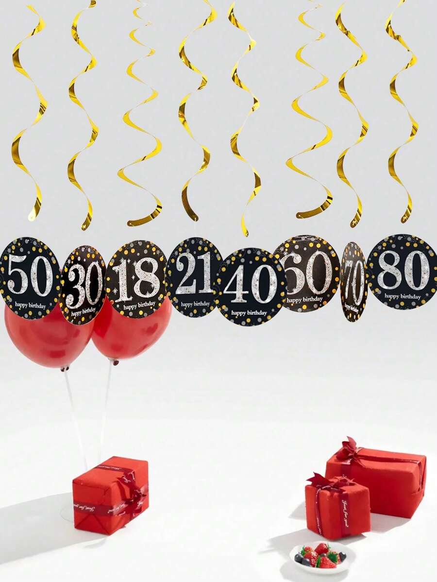 6pcs/1set Black Rose Gold PVC Spiral Hanging Ornaments For 18th/21th/30th/40th/50th/60th/70th Birthday Decorations Party Background Decoration Supplies