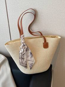 Simple Silk Scarf Decoration Straw Woven Bag For Women, Portable Shoulder Tote Bag Suitable For Vacation Travel