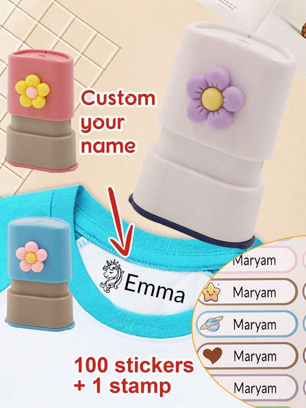 1pc Stamp + 100 Name Stickers, Custom Name Signature Stamp For Kids, Back To School Supplies For Kids,Cartoon Pattern Name Stamps Personalized With 3D Flowers, DIY Customized Cartoon Self Inking Name Stamp, Stamps For Signing Name