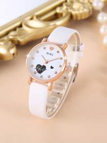 SOKI SOKI 5pcs/Set Ladies Watch Women PU Strap Casual Quartz Watch And Heart Necklace Earrings Bracelet Jewelry Set Suitable For Daily Wear, Back-To-School Season, Graduation Season, Thanksgiving, Couples, The Best Gifts Watch Box Not Included