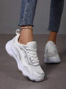 Women's White Fashion Minimalist Sports Shoes, Thick Sole Lightweight & Comfortable Outdoor Casual Lace-Up Low-Top Breathable Running Shoes