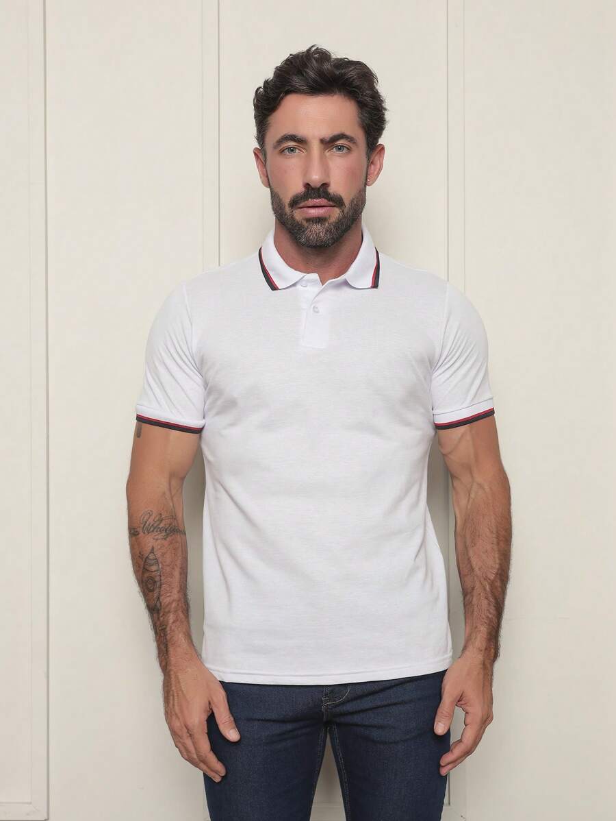 Camisa Polo Masculina Sky Surf Manga Curta Lisa Gola com Botão Camiseta Branca