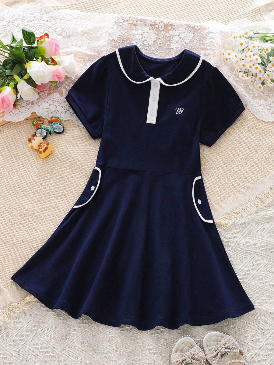 Vestido Casual de Escola Elegante e Bordado para Meninas Pré-Adolescentes, Vestido Atlético de Manga Curta com Colarinho e Modelagem A-line para Meninas Pequenas e Pré-Adolescentes, Novo Verão