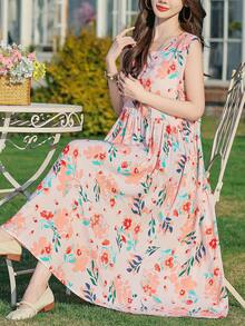 1 件女士休闲印花时尚优雅中长连衣裙，夏季 - 粉色 - 查看 8