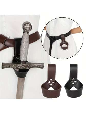 Elegant Vintage Medieval Leather Sword Sheath Belt, PU Material, Dry Clean, No Buckle, Unisex Fashion Accessory For Knights, Pirates, And Historical Reenactment Halloween