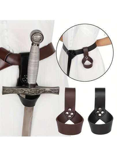 Elegant Vintage Medieval Leather Sword Sheath Belt, PU Material, Dry Clean, No Buckle, Unisex Fashion Accessory For Knights, Pirates, And Historical Reenactment Halloween