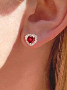 1pc S925 Sterling Silver Heart Shaped Cubic Zirconia Earrings Necklace Ring For Women Fine Jewelry Birthday Gift - Red Heart Earrings - View 7
