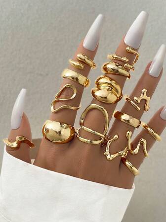 15 st europeiskt och amerikanskt mode metall lava linje liten vattendropp båge brett ansikte glänsande öppen ring set, elegant & ringar för kvinnor