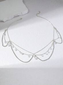 1pc Silver Pearl & Cubic Zirconia Claw Chain Tassel Headchain, Minimalist & Elegant Style Bridal Hair Accessory