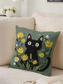 1pc Floral Cat Graphic Printed Cushion Cover, Modern Throw Pillow Case, Single Sided Print, Without Filling, For Sofa, Home Decor