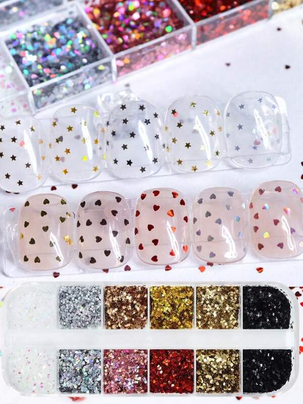 1Box Holographic Laser Mini Heart-Star Shaped Nail Glitter Sequins Flakes 3D Nail Art Diy Design Decoration Supplies Women'S Nail Art Salon Nails Nail Charms Nail Gems