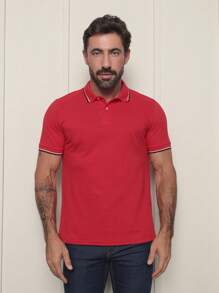 Camisa Polo Masculina Sky Surf Manga Curta Lisa Gola com Botão Camiseta Vermelha