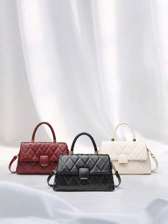 时尚复古优雅便携简约百搭高端绗缝翻盖手提包，适合商务女性和白领的办公室女士/通勤单肩包/斜挎包