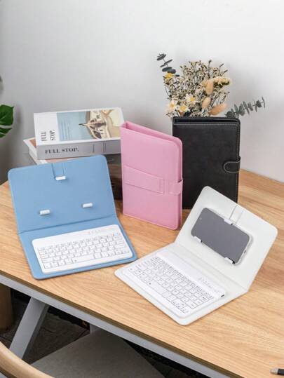 1 لوحة مفاتيح لاسلكية مع حافظة من الجلد قابلة للفصل ومفتاح مغناطيسي خارجي، مصممة لهواتف محمولة بشاشة من 4.5 إلى 6.8 بوصة