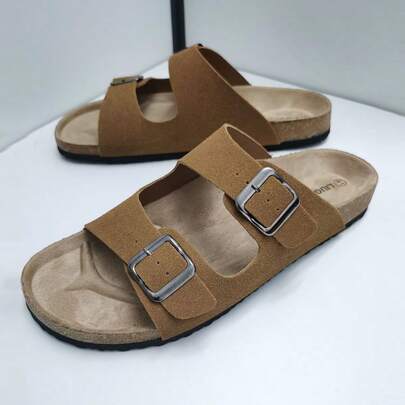 Chinelos casuais unissex com fivela ajustável, sandálias de cortiça macia, calçados de praia para áreas externas, adequados para homens e mulheres, tamanhos grandes