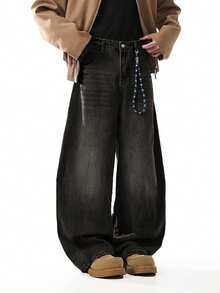 1pc Vintage Straight Loose Fit Casual Streetwear Brand Wide Leg Men's Jeans - Black - View 1