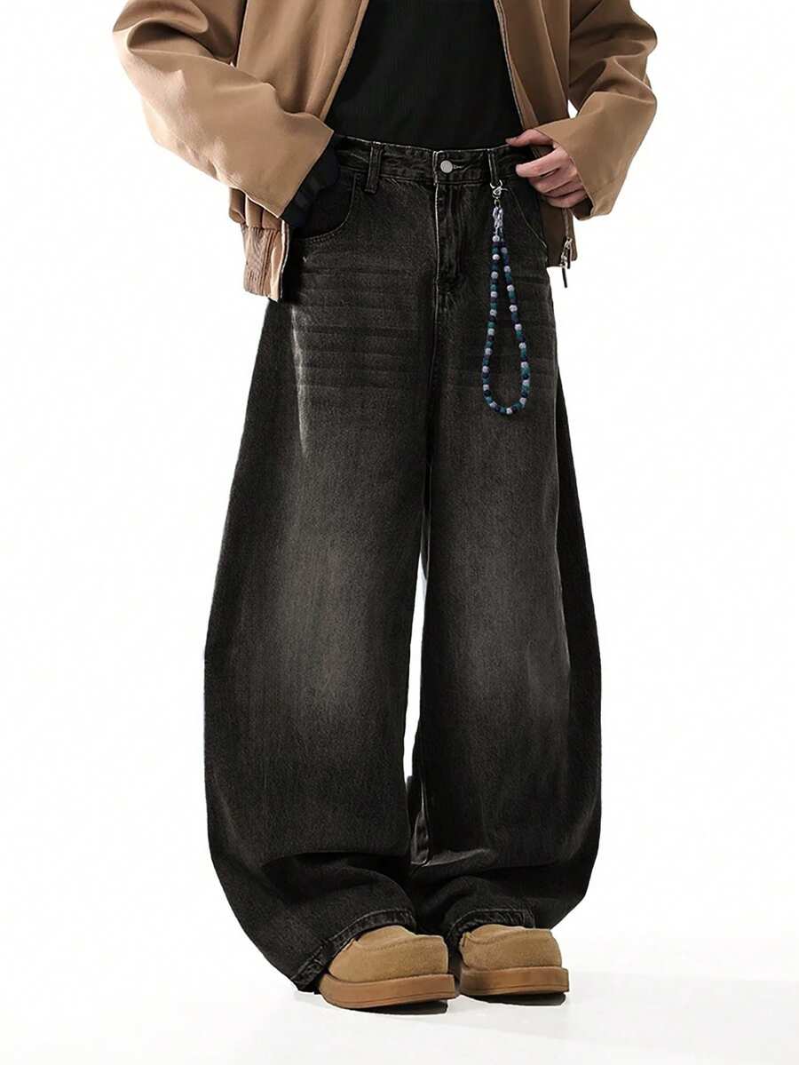 1pc Vintage Straight Loose Fit Casual Streetwear Brand Wide Leg Men's Jeans - Black - View 1