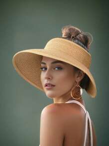 1 Stück Sonnenvisierhut für Frauen mit breiter Krempe, Strohhut mit Pferdeschwanzöffnung, Sommer-Strandmütze mit UV-Schutz, zusammenlegbar, faltbar, Reise-Boho