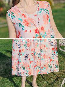 1 件女士休闲印花时尚优雅中长连衣裙，夏季 - 粉色 - 查看 9