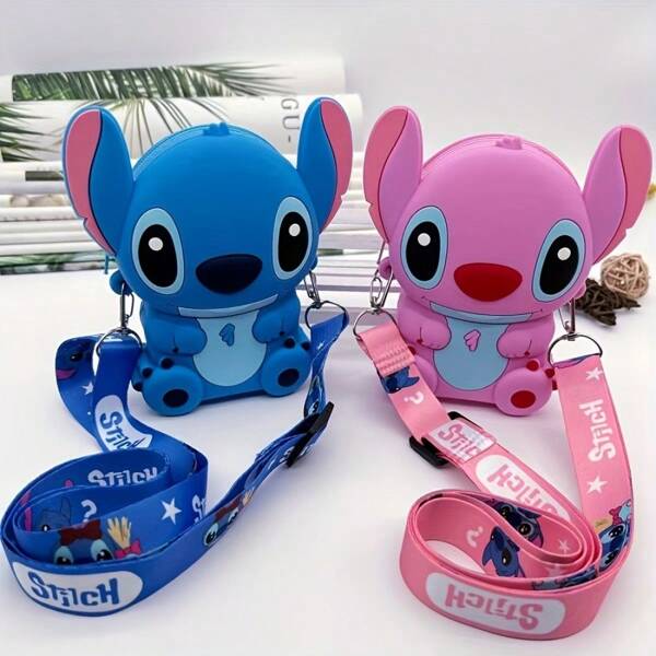 1 Stück Stitch Silikon Umhängetasche mit verstellbarem Riemen - hochwertige Schultertasche in Blau und Pink, geeignet als Geschenk zum Geburtstag, Valentinstag und Weihnachten, perfekt für Fans | Reißverschluss-Verschluss | glatte Textur, zufälliges Muster und Farbe, Schulmaterialien, Schulanfang