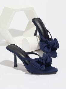Giày cao gót mũi nhọn đính nơ trang trí cho nữ, phong cách tiệc tùng, chất liệu satin xanh navy, mùa hè và thu - Màu xanh hải quân - Xem 8