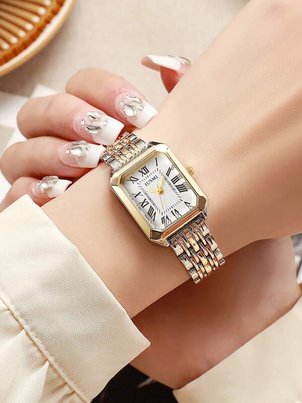 1 pieza/Set Reloj cuadrado clásico de mujer con escala de números romanos, correa de acero inoxidable, estilo vintage, regalo del Día de la Madre