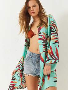 BIANCO LUCCI Women's Patterned Short Kimono 60261450 All Over Print Leaf - Mint Green - View 1