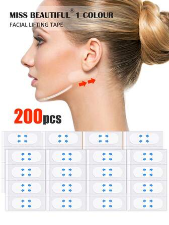 200 piezas Cinta invisible para levantamiento facial, Cinta adhesiva para levantamiento facial, Parche de levantamiento invisible, Parche transparente y sin costuras para arrugas faciales, Levanta y fija los músculos faciales, Da forma al contorno facial. Levanta la piel flácida, suaviza las arrugas, mejora el área del mentón y los ojos, Set de 120/80/40/20 piezas