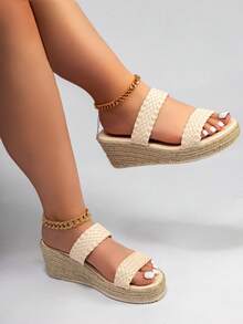 Plus Size Casual Linen Rope Platform Thick Sole Fashion Women's Slip-On Sandals, Beige, Elegant & Versatile, Comfortable (Recommend Ordering One Size Up)