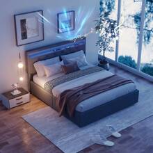 OYAJIA Polsterbett 140*200cm mit Bettkasten und Lattenrost aus Holz, Hydraulisches Stauraumbett mit LED-Kopfteil und Ladestation, Bett für Schlafzimmer und Gästezimmer, Leinen, Grau