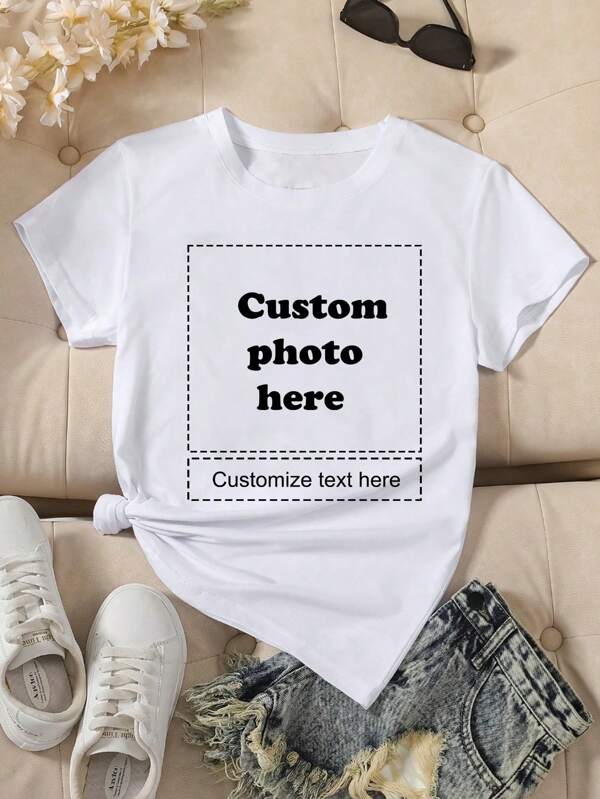 Customized Women's T-Shirts - Add Your Text And Photos (Landscape/Badge/Couple Photo/Family Photo/Selfie/Pet), You Can Choose The Font And Color, Suitable For Summer Travel, Girlfriend Gifts, Women's Sweatshirts,Stylish,Fashion,Hipster,Casual,Minimal Chic,Personalized,Customized,Custom,Unique,Guy Costumes,Capsule Wardrobe,Men Basic/Street Style,Ideal Gifts For Him,Boyfriend,Family,Friends,For Birthdays,For Vacation/Holiday,For School/Competition,For Sports/Climbing