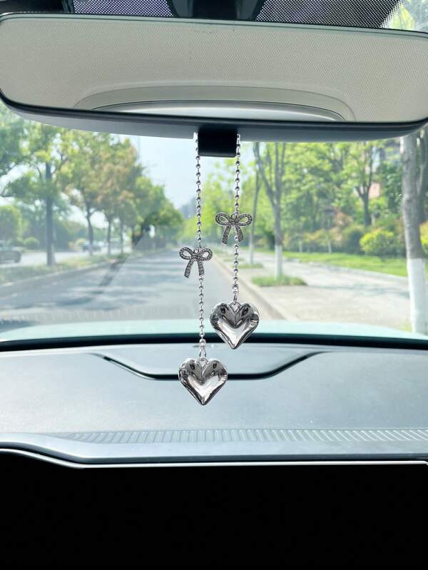 Creative Silver Heart Car Pendant, Bowknot Hanging Car Rear View Mirror Decor