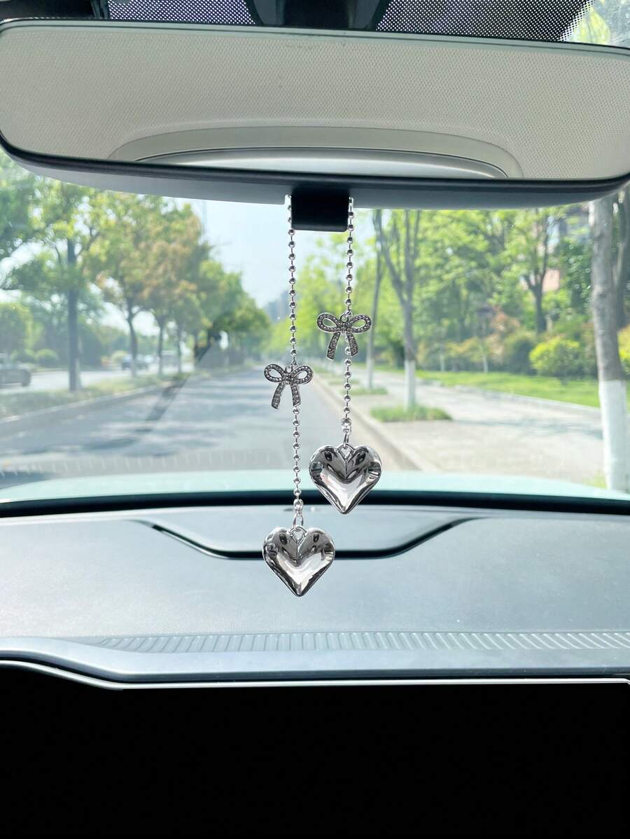 Creative Silver Heart Car Pendant, Bowknot Hanging Car Rear View Mirror Decor