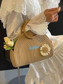 1pc Personalized Embroidery Name Straw Beach Bag, Vacation Style Woven Tote Bag, Waterproof Large Capacity Beach Bag, Pool Party Portable Storage Bag, Girlfriend Summer Gift Customized Name Woven Bag, Suitable For Daily Use As Gift For Family, Friends, Christmas, Easter, Spring Festival, Mother's Day, Women's Day, Valentine's Day, Teacher's Day, Nurse's Day, Birthday - Multicolor - View 7