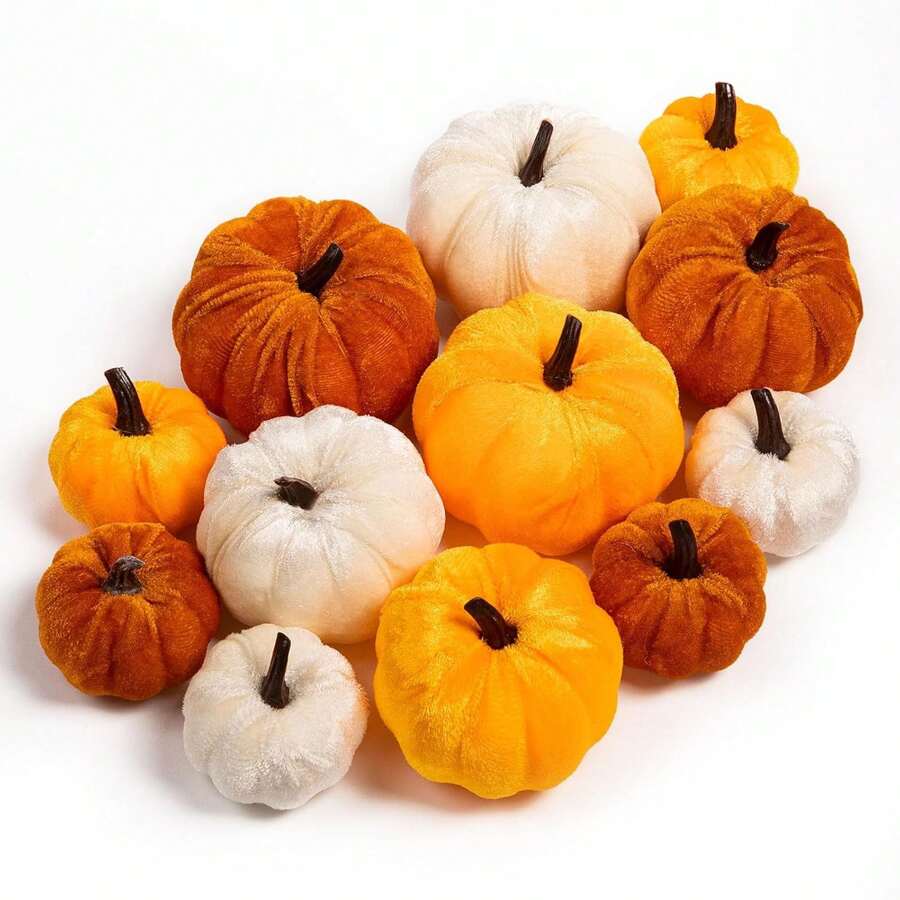 12 decoraciones de calabaza de otoño, calabazas artificiales de espuma de poliestireno decoradas con terciopelo mini para exteriores, decoraciones de hogar y mesa de otoño, cosecha, Halloween y Acción de Gracias (naranja)