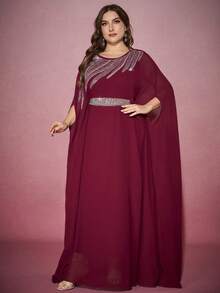 Áo Kaftan dài kiểu Ả Rập thanh lịch màu trơn đính sequin dành cho nữ cỡ lớn, có thắt lưng, cổ tròn, thích hợp cho mùa hè. - Màu Đỏ Sâu - Xem 4