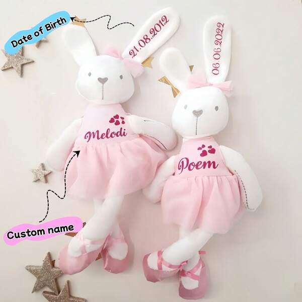 Conejo bordado personalizado, muñeca de peluche de conejita bailarina con texto/nombre bordado, se pueden personalizar la ropa y las orejas del conejo con nombre/aniversario/logotipo, el conejo lleva un vestido y zapatos de bailarina, su ropa se puede quitar y combinar fácilmente con varios atuendos, esta muñeca de coneja bailarina es la mejor opción de regalo, personaliza regalos de la infancia, regalos de temporada de regreso a clases
