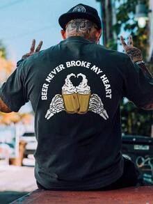 Men's Beer Slogan Print Short Sleeve T-Shirt, Comfortable & Breathable, Suitable For Summer, Perfect For Staying Stylish - Black - View 7