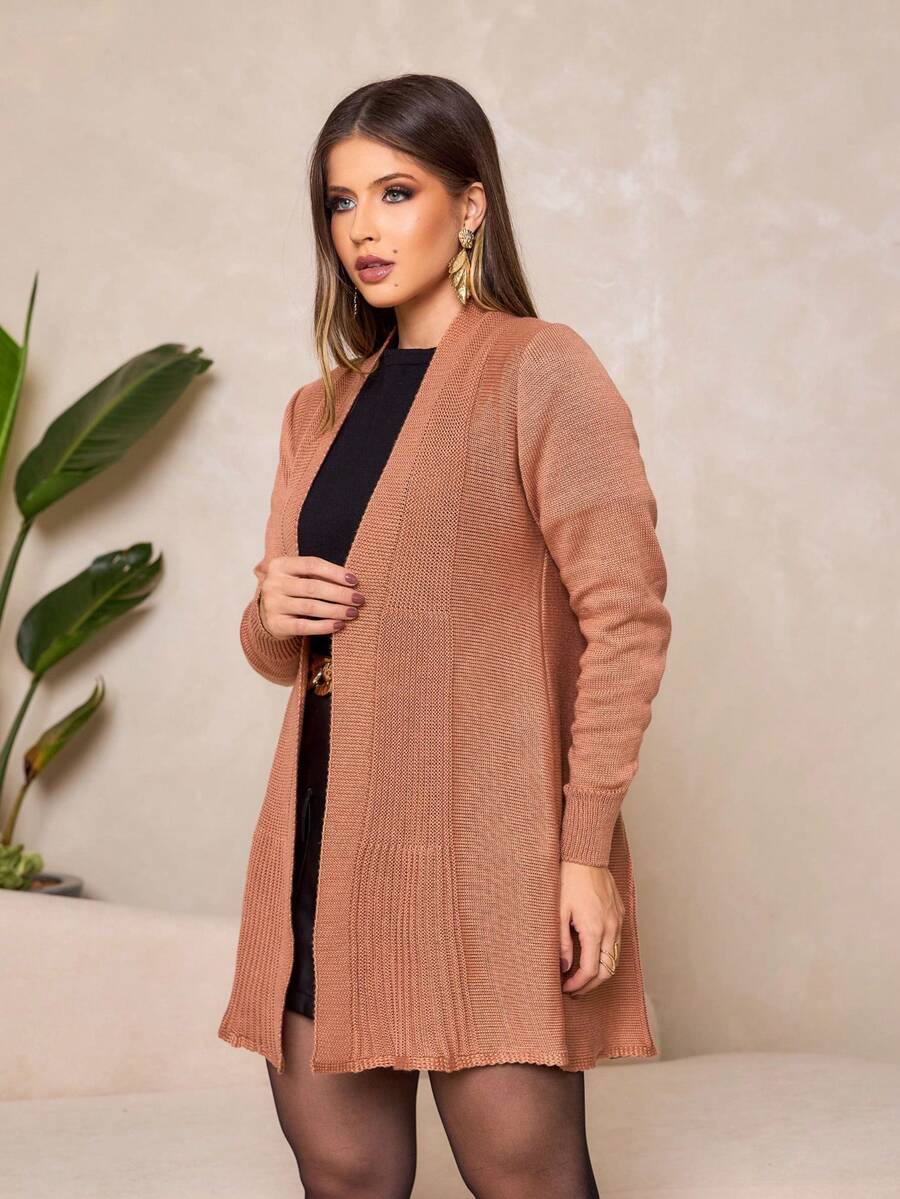 Women's Plain Knit Cardigan With Ribbed Detail Mid-Season Knitwear - Beis - Ver 1
