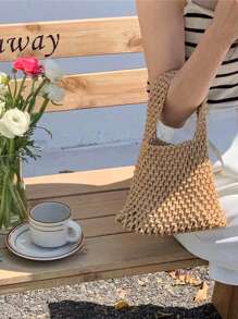 1pc Bohemian Style Woven Tote Bag, Striped Woven Handbag, Beach Bag, Casual Versatile Hollow Woven Handbag, Beach Bag