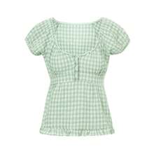 Women Y2K Fairy Grunge Crop Top Vintage Aesthetic Puff Short Sleeves Slim Babyboll Shirt Cute Coquette Top Clothes - màu xanh lá - Xem 2