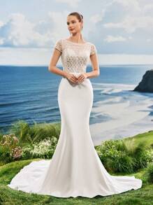 Vestido de noche elegante y formal con mangas cortas, Vestido de novia de sirena blanco con encaje y lentejuelas