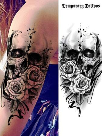 1 张骷髅玫瑰花临时纹身贴，适用于女性、男性、手臂、大腿、小腿、前臂，逼真的防水假纹身贴纸，成人持久临时半臂袖纹身