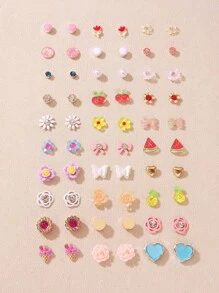 Set di 30 paia di orecchini a perno per ragazze, set di combinazione di orecchini alla moda con design a ciliegie, farfalle, fiori e cuori, minimalisti