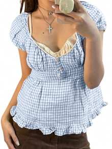 Y2k Summer Tops For Women Cute Sweetheart Neck Crop Tops Solid Color Short Sleeve Pleated Hem Button-Up Slim Fit Blouse Babydoll Tee Casual Going Out Tops Streetwear Fairy Clothes - 薄荷藍 - 查看 1