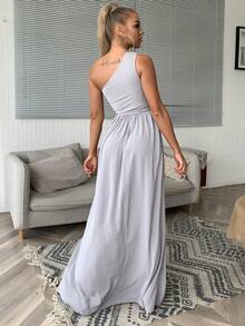 Joyfunear 女士单肩高开叉束带连衣裙 - 淺藍色 - 查看 4