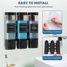 3er-Pack schwarzer Seifenspender zur Wandmontage, Toilettenartikelspender mit 3 Kammern zur Wandmontage. Spender für Handdesinfektionsmittel, geeignet für Badezimmer, Toilette, Küche, zur Aufbewahrung von Shampoo, Duschgel, Reinigungsmittel, Handdesinfektionsmittel. 300 ml*3 - Schwarz - Übersicht 5
