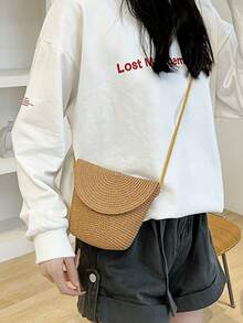 2pcs Khaki Bow Decor Sun Hat Crossbody Bag, 1pc Foldable Wide Brim Straw Hat And 1pc Minimalist Straw Weaving Bag Set - Hat + Bag - View 7